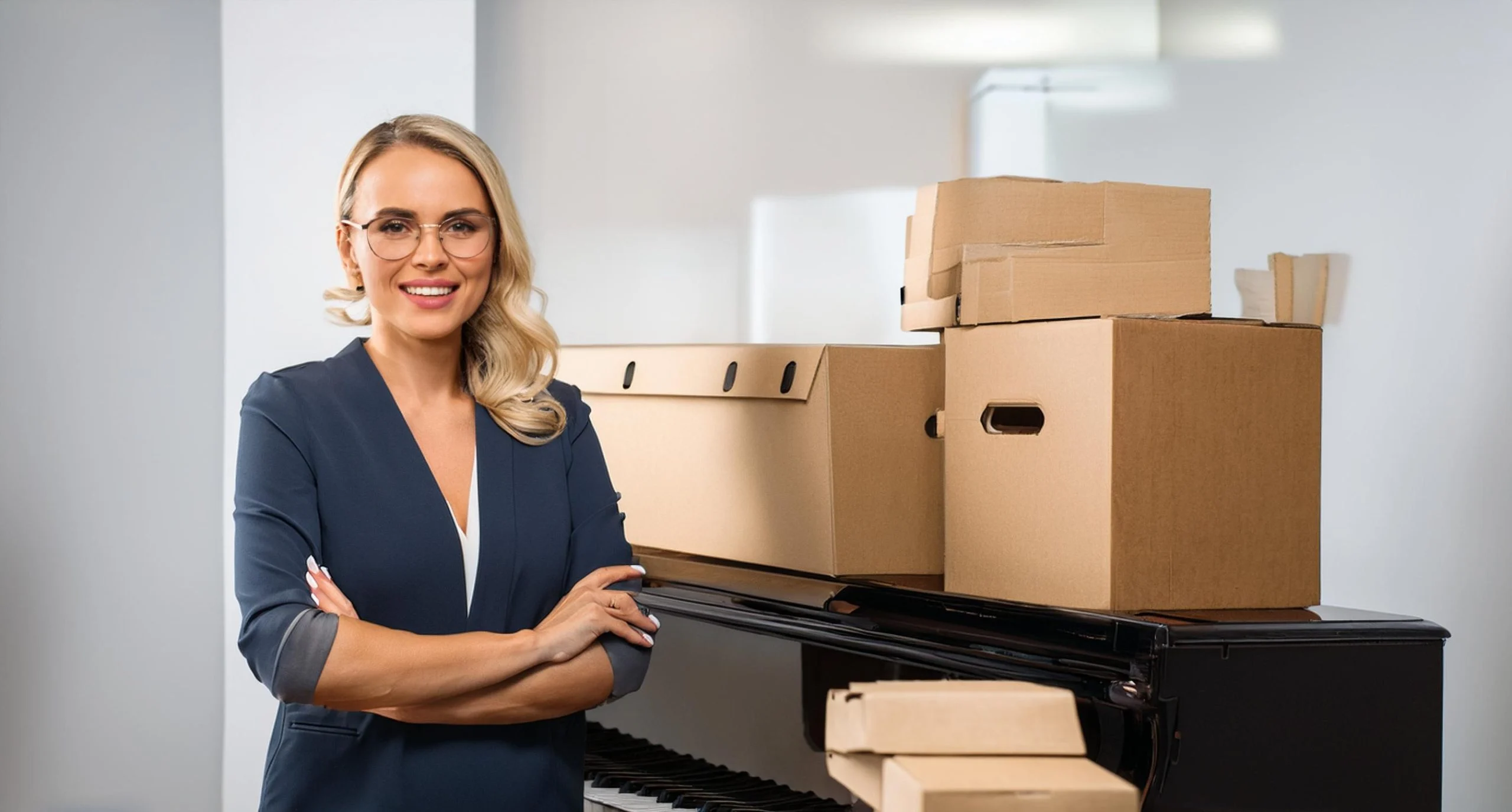 Firefly A beautiful smiling blonde lady with glasses next to a piano and large packed household ap 3 3 scaled