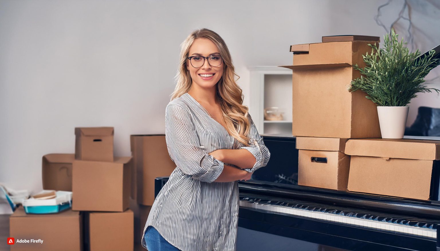 Firefly A beautiful smiling blonde lady with glasses next to a piano and large packed household ap 4 2