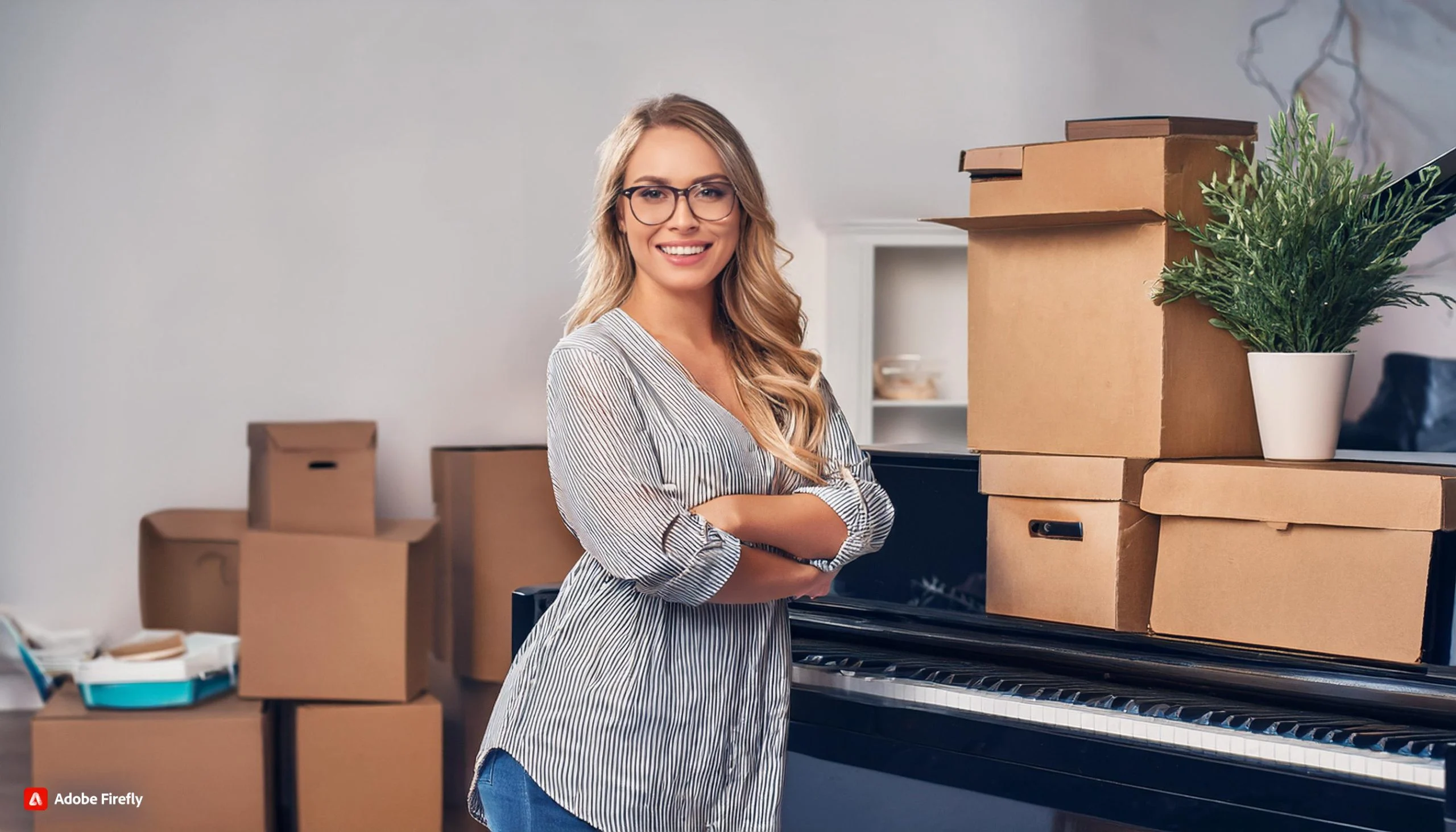 Firefly A beautiful smiling blonde lady with glasses next to a piano and large packed household ap 4 scaled